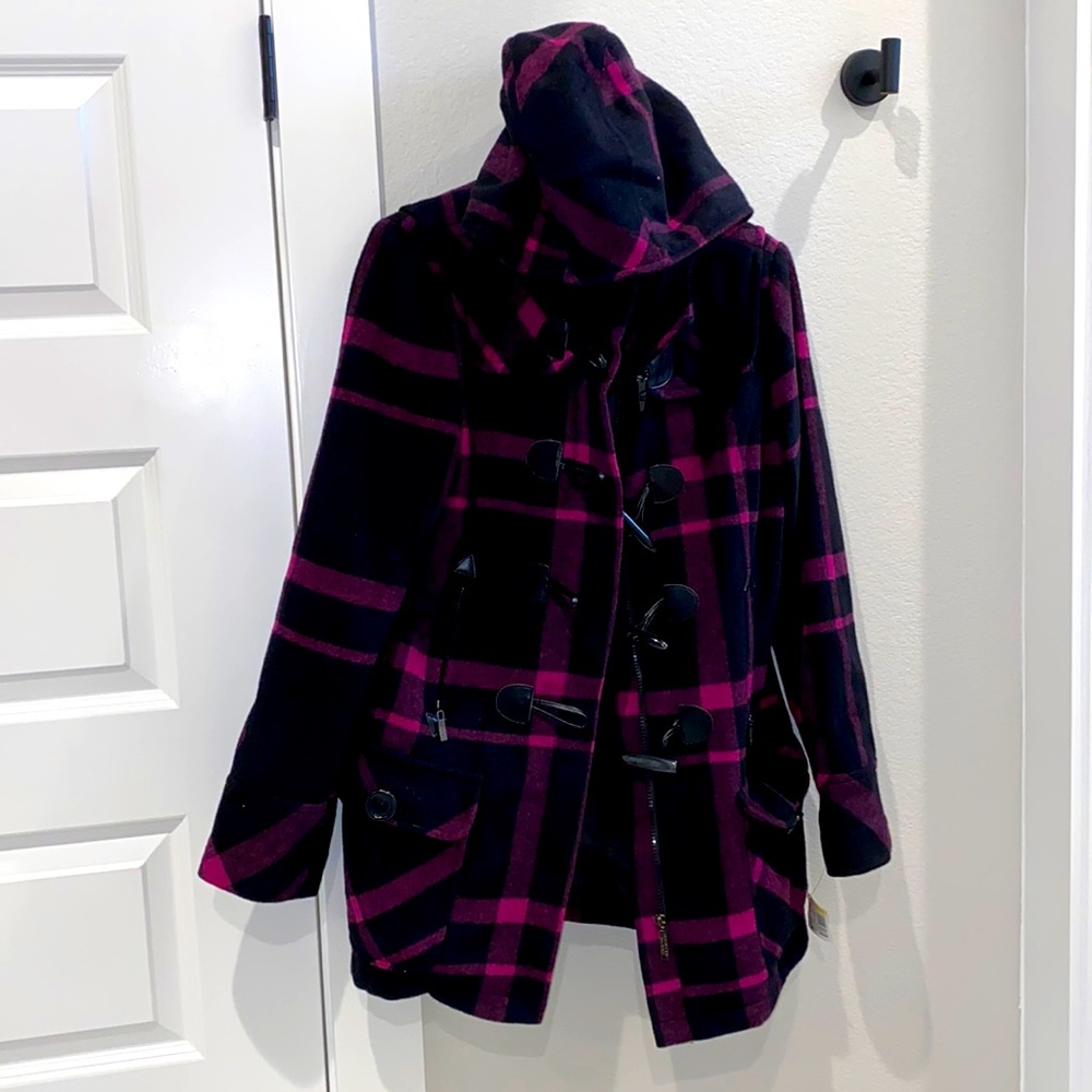 EUC Steve Madden Size L Large Plaid Hooded Pea Coat Jacket With Toggles Pockets